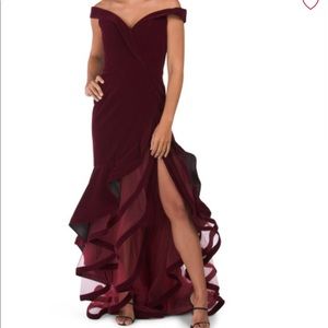 MacDuggal velvet gown with ruffle cascade hem